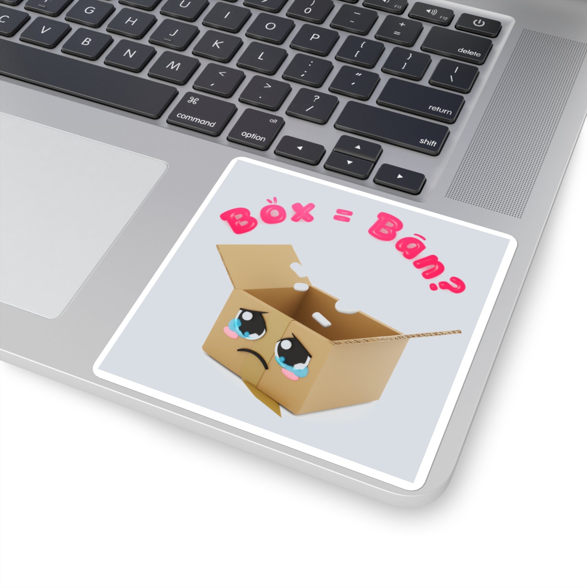 Sad Box Square Sticker – Cute Kawaii Cartoon Sticker with "Box = Bån?" Text