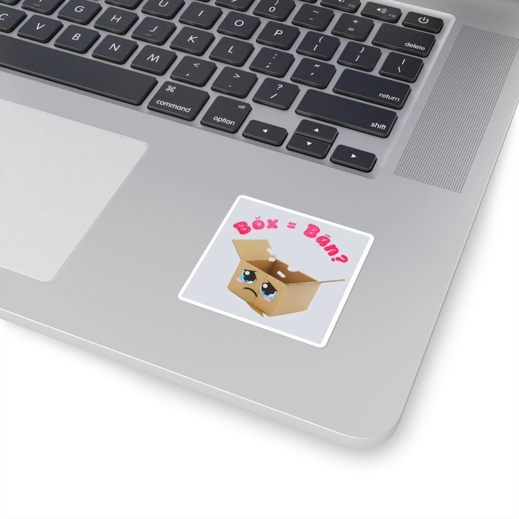 Sad Box Square Sticker – Cute Kawaii Cartoon Sticker with "Box = Bån?" Text