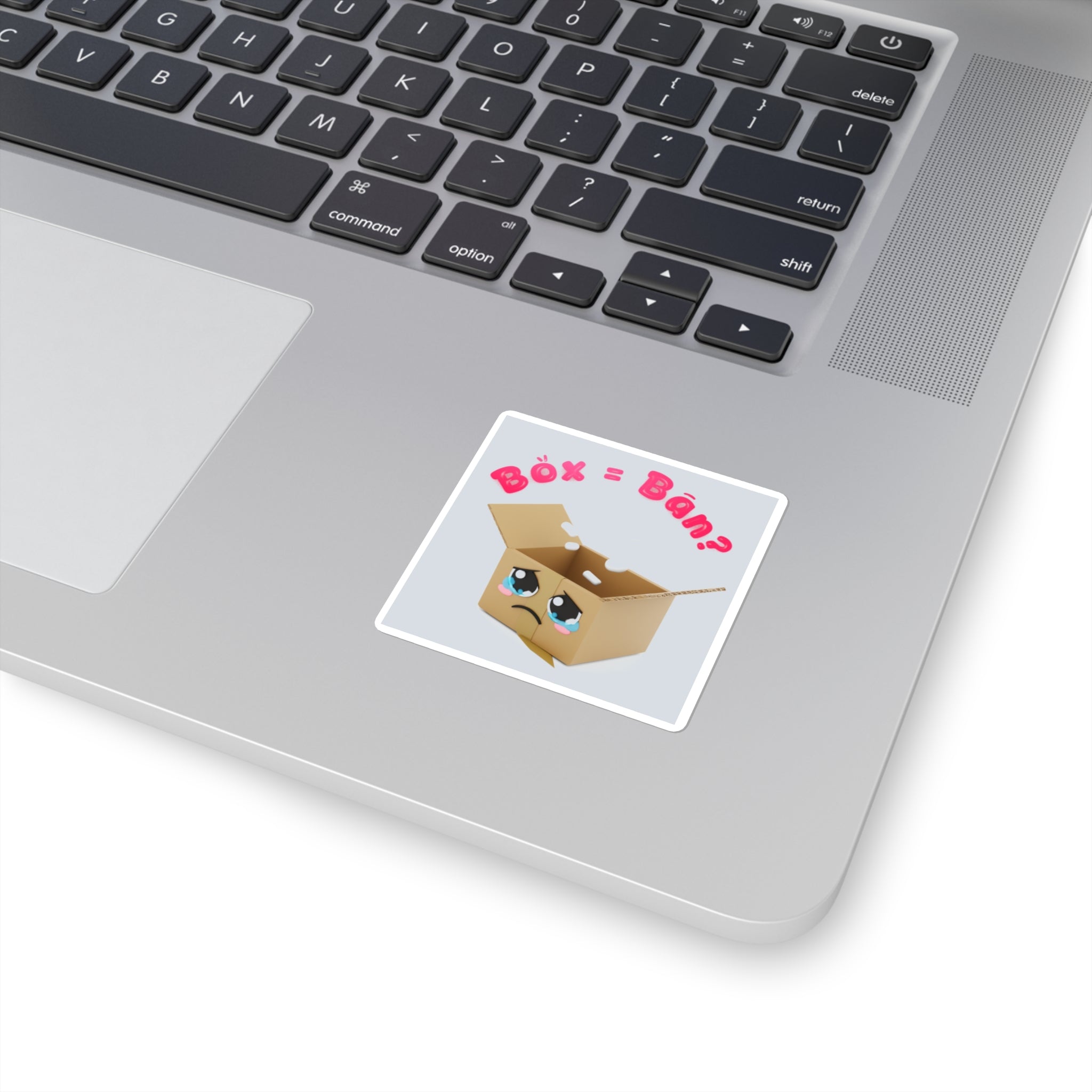 Sad Box Square Sticker – Cute Kawaii Cartoon Sticker with "Box = Bån?" Text