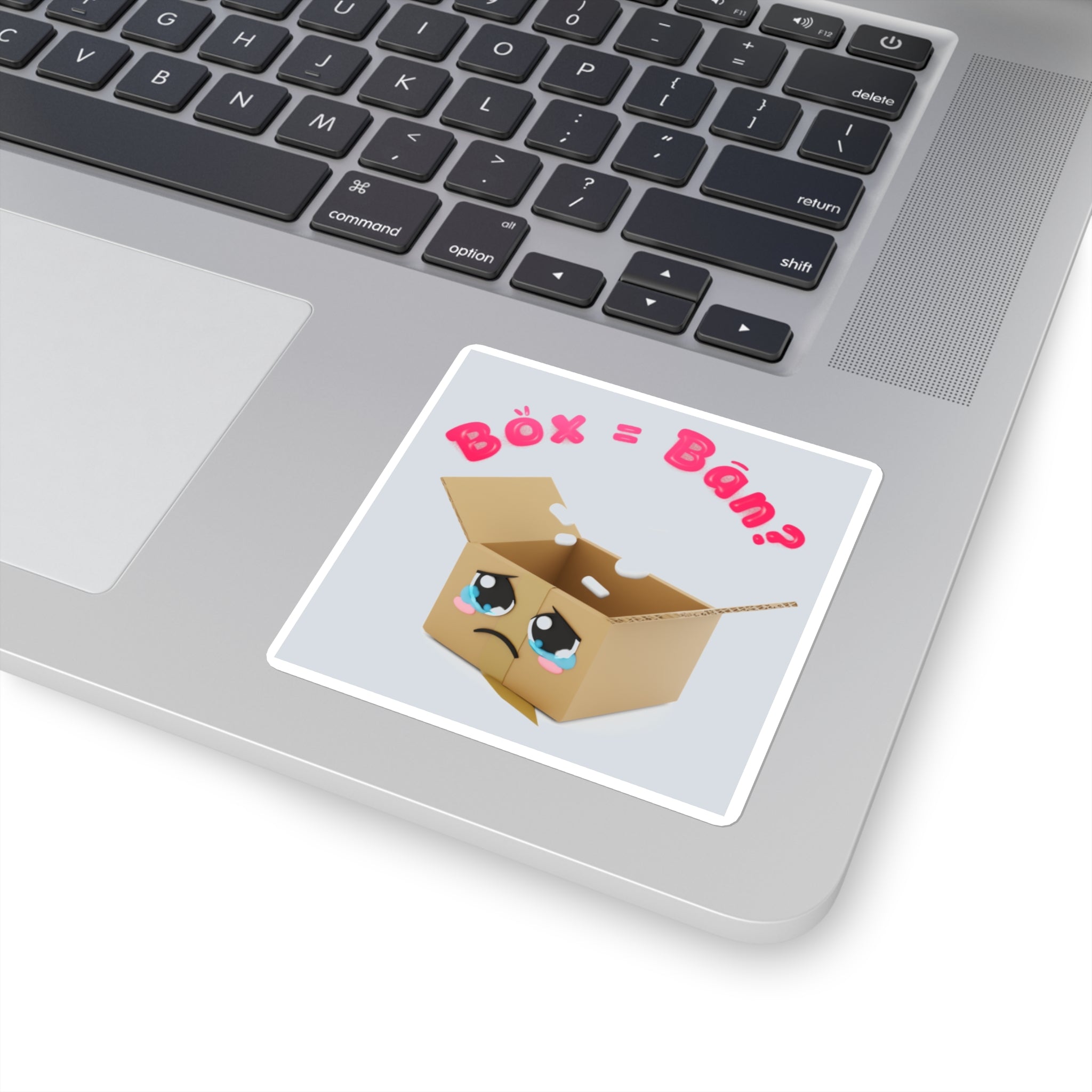 Sad Box Square Sticker – Cute Kawaii Cartoon Sticker with "Box = Bån?" Text