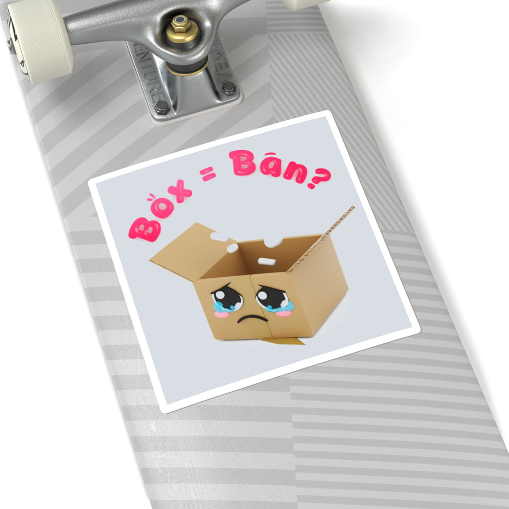 Sad Box Square Sticker – Cute Kawaii Cartoon Sticker with "Box = Bån?" Text